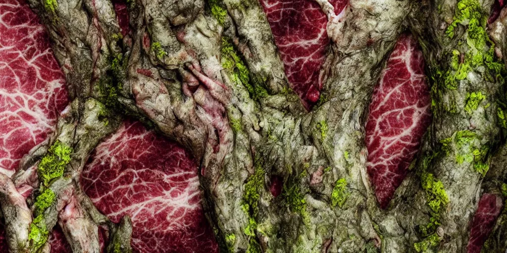 Prompt: details of lichens and moss growing on flesh and skin, meat veins, tree texture details, painitng, wrinkles and muscle tissues, stab wound, oil on canvas, 4k, 8K, photorealistic, soft spot light, cinematic lighting, sharp, contrasting, hyperrealistic painting