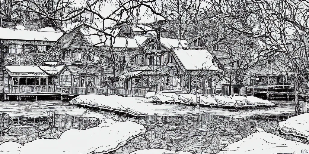 Image similar to line art of a lakehouse in the winter, manga panel, high detail,