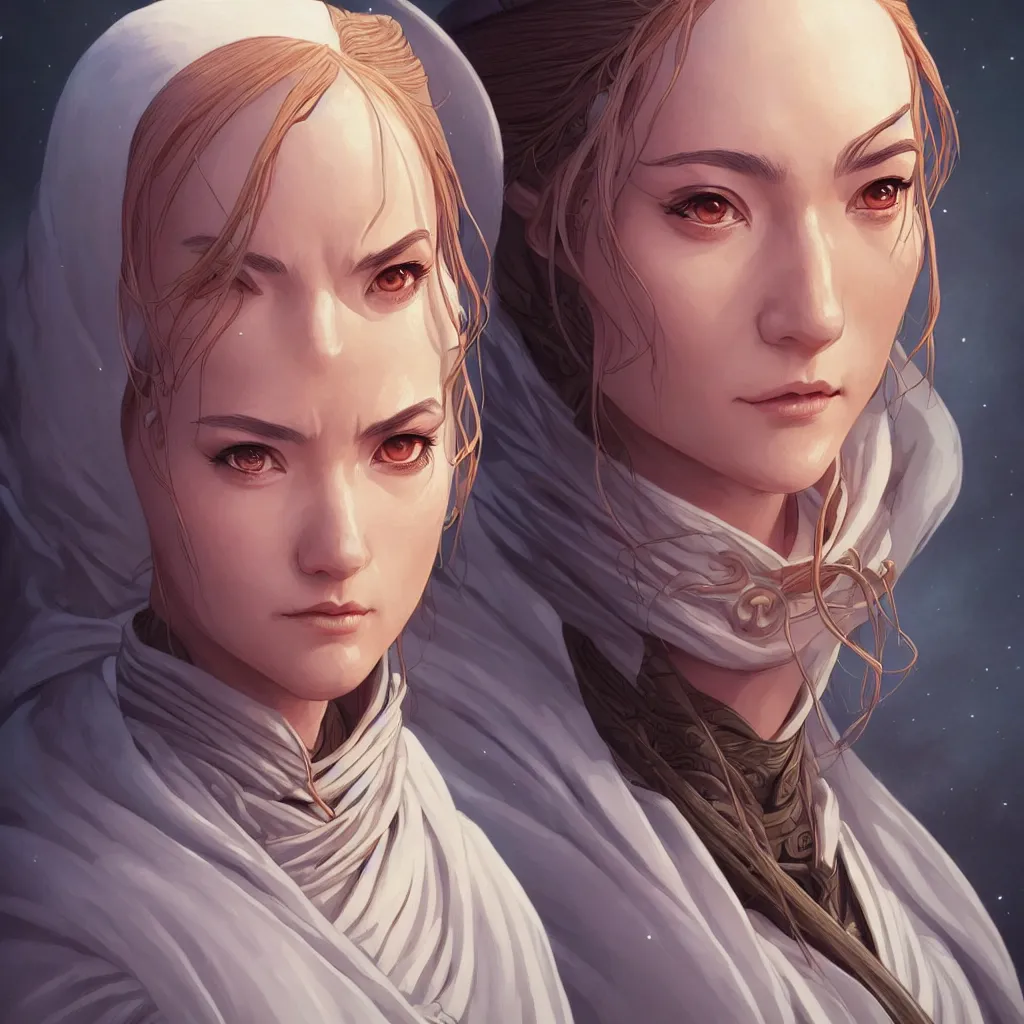 Image similar to one female jedi master, wearing the traditional jedi robe, beautiful and uniquely odd looking, detailed symmetrical close up portrait, intricate complexity, in the style of artgerm and ilya kuvshinov, magic the gathering, star wars art