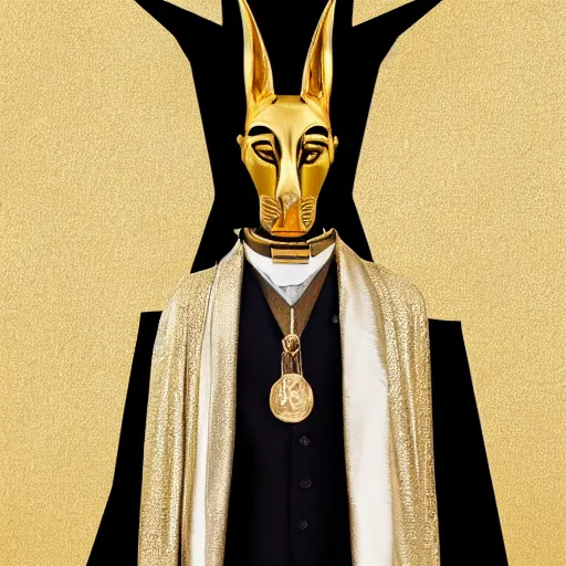 Image similar to portrait of Anubis wearing an elegant suit with a shiny gold necklace, looking at the camera, black background, studio light