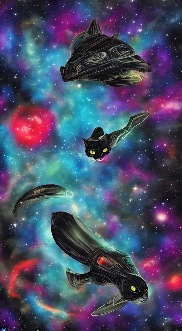 Image similar to black cat flying taco spaceship across nebulae, detailed, digital painting