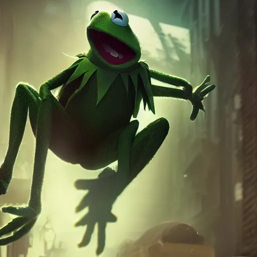 Prompt: a still of kermit the frog in avengers movie, cory loftis, fenghua zhong, ryohei hase, ismail inceoglu and ruan jia. volumetric light, detailed, octane render