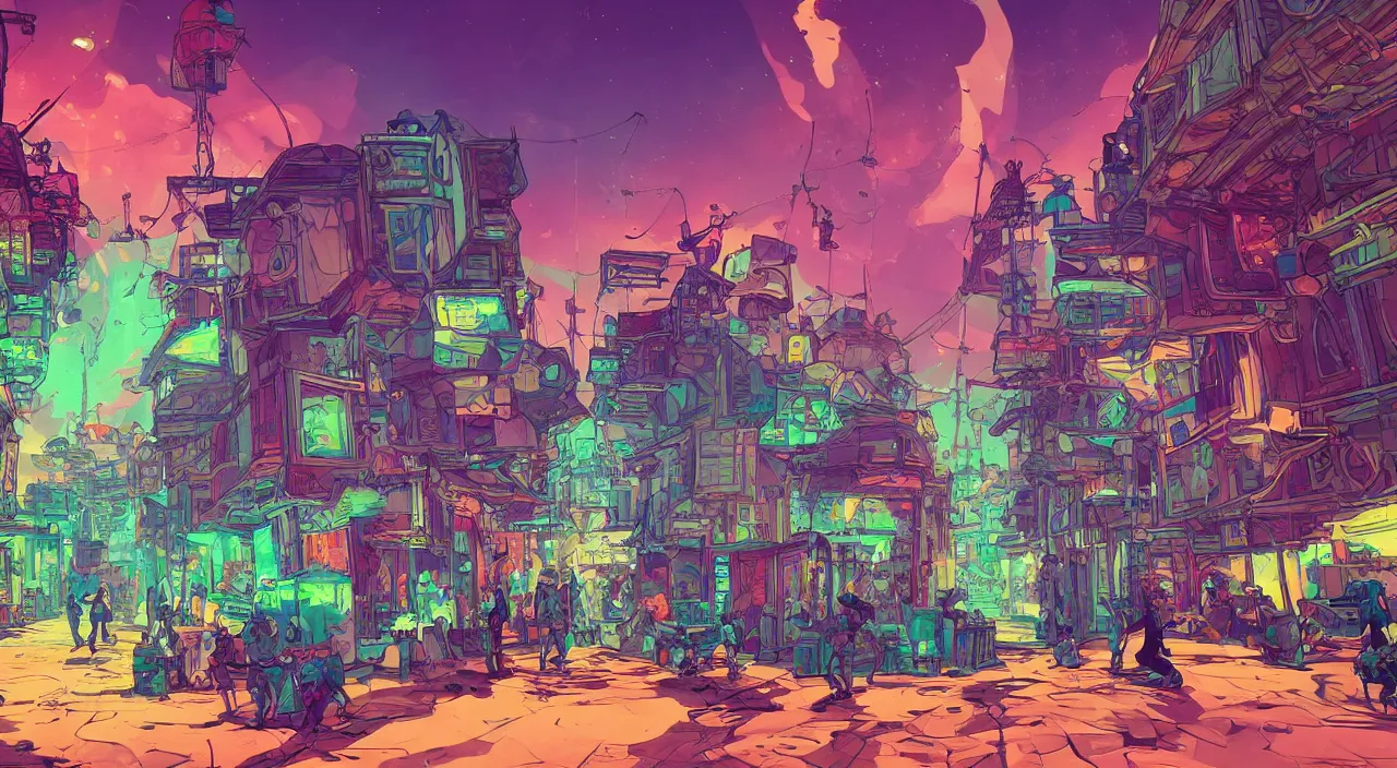 Image similar to bazaar zouk oriantal full color sky shine place mosquet painting stylized cutout vector digital illustration video game icon global illumination ray tracing that looks like it is from borderlands by victo ngai, andreas rocha, john harris and feng zhu and loish and laurie greasley,