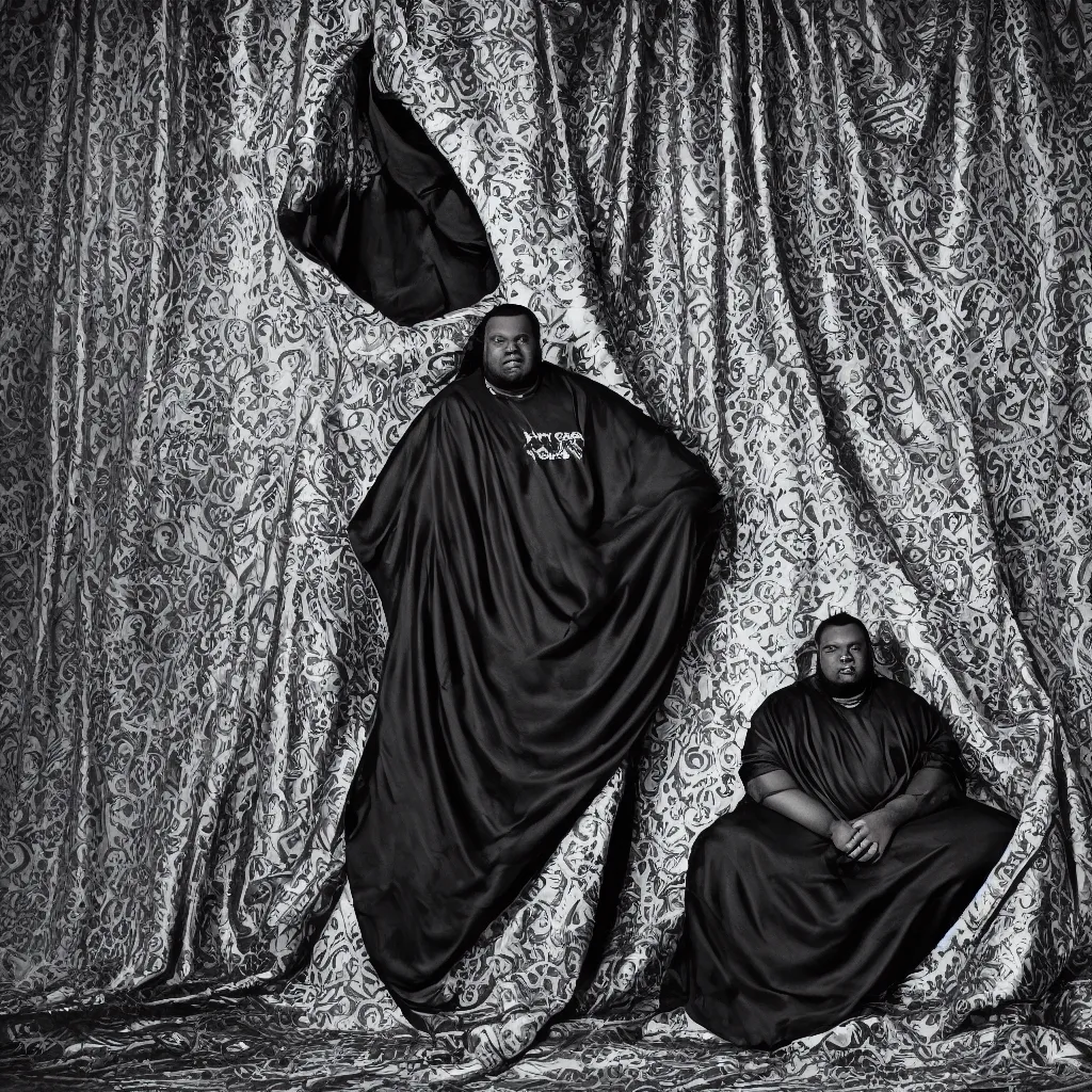 Image similar to Large black man sitting on throne wrapped in silk, background made of large folding curtains, dimly lit, dark, blacklight photography