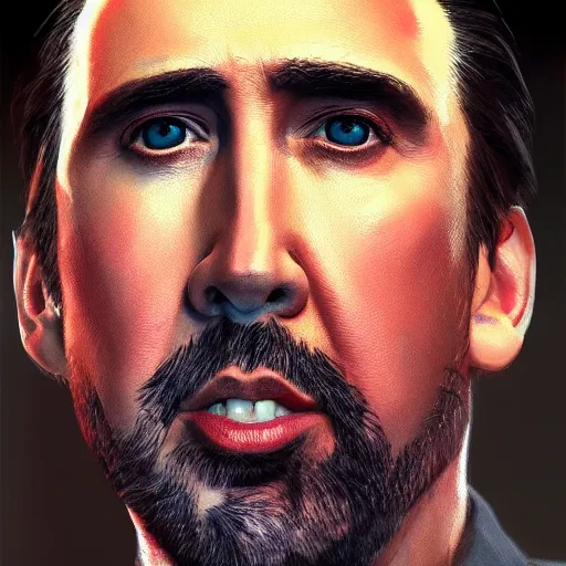 Prompt: nicholas cage, a fine art painting, Patrick Brown, trending on cgsociety, artstation, american realism, 2d game art, photo illustration, daz3d, official art,