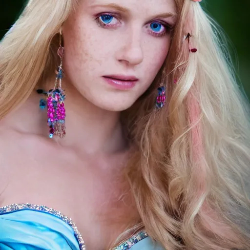 Prompt: close up headshot of a princess with long blonde hair and blue eyes wearing a strapless elaborately beaded pink dress, high resolution film still, 8k, HDR color, film by Simon Langton and David Frankel, triangular face, freckles, round narrow chin, straight jawline