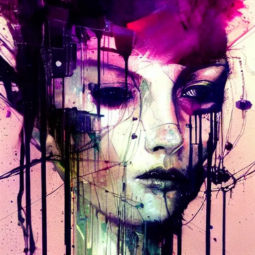 Image similar to beautiful young woman cyber dreamer glitchcore wires, machines, by jeremy mann, francis bacon and agnes cecile, and dave mckean ink drips, paint smears, digital glitches glitchart