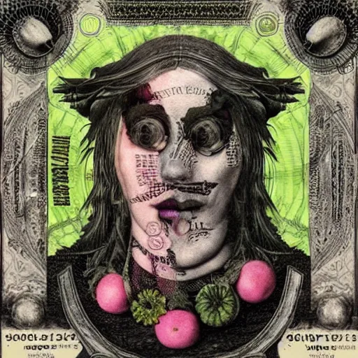 Image similar to post - punk new age album cover, asymmetrical design, dollar bank notes, capitalism, magic, apocalypse, psychedelic, black white pink, magic, giger h. r., giuseppe arcimboldo
