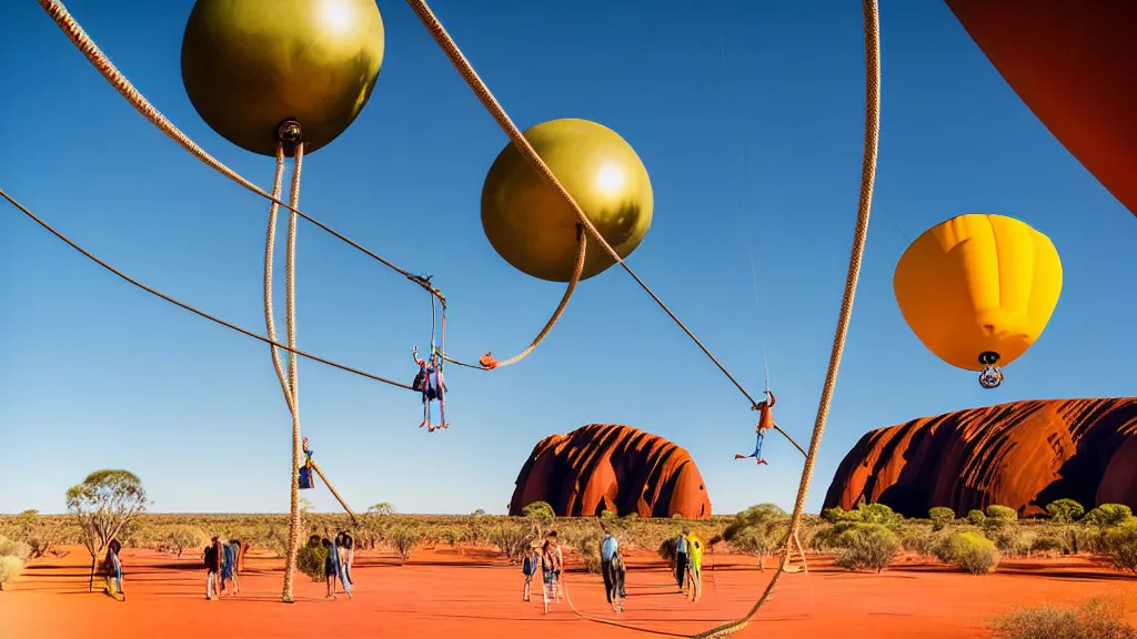 Prompt: large colorful futuristic space age metallic steampunk balloons with pipework and electrical wiring around the outside, and people on rope swings underneath, flying high over the beautiful uluru in central australia city landscape, professional photography, 8 0 mm telephoto lens, realistic, detailed, photorealistic, photojournalism