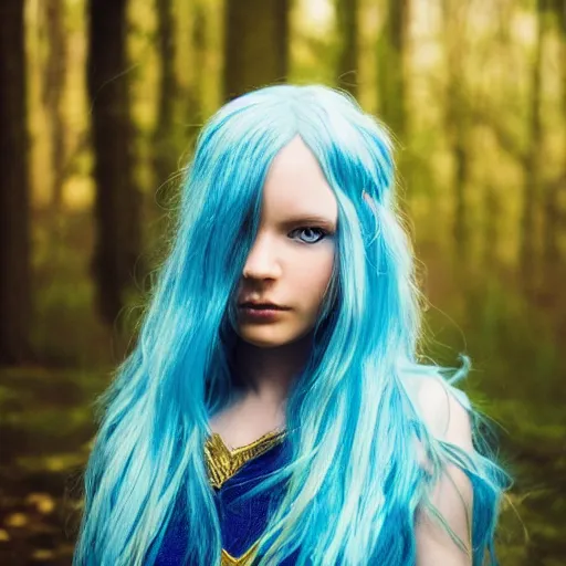 Prompt: a beautiful photo portrait of a forest elf, blue and golden hair, 8k, photography,