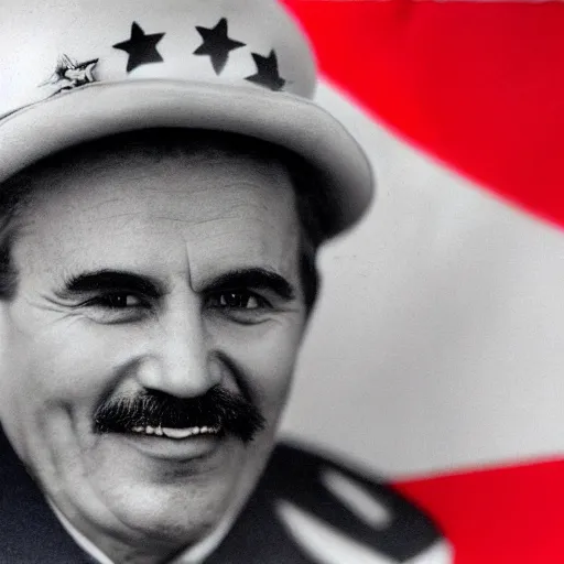 Image similar to hyper realist photograph of staline smiling and biting his lip seductively with the ussr flag behind him, close up, face picture, 4 k, very detailed