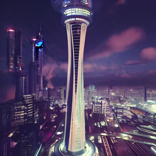 Image similar to auckland sky tower furturistic, dynamic lighting, cinematic composition, cyberpunk, evil, artstation, octane render