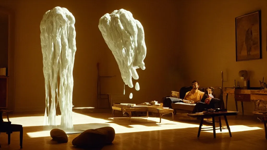 Image similar to a giant hand made of wax and water floats through the living room, film still from the movie directed by Denis Villeneuve with art direction by Salvador Dalí, wide lens