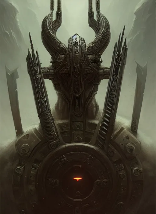 Image similar to masterpiece, viking thor's hammer concept art, stylized, doom, elegant, majestic, epic, art by h. r. giger, greg rutkowski, josan gonzalez, alexey egorov, biomechanical, alchemy, monogram