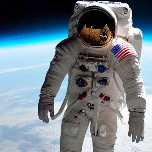 Image similar to astronaut in space, galactic background reflections on suit on one side and a yellow planet on the other side