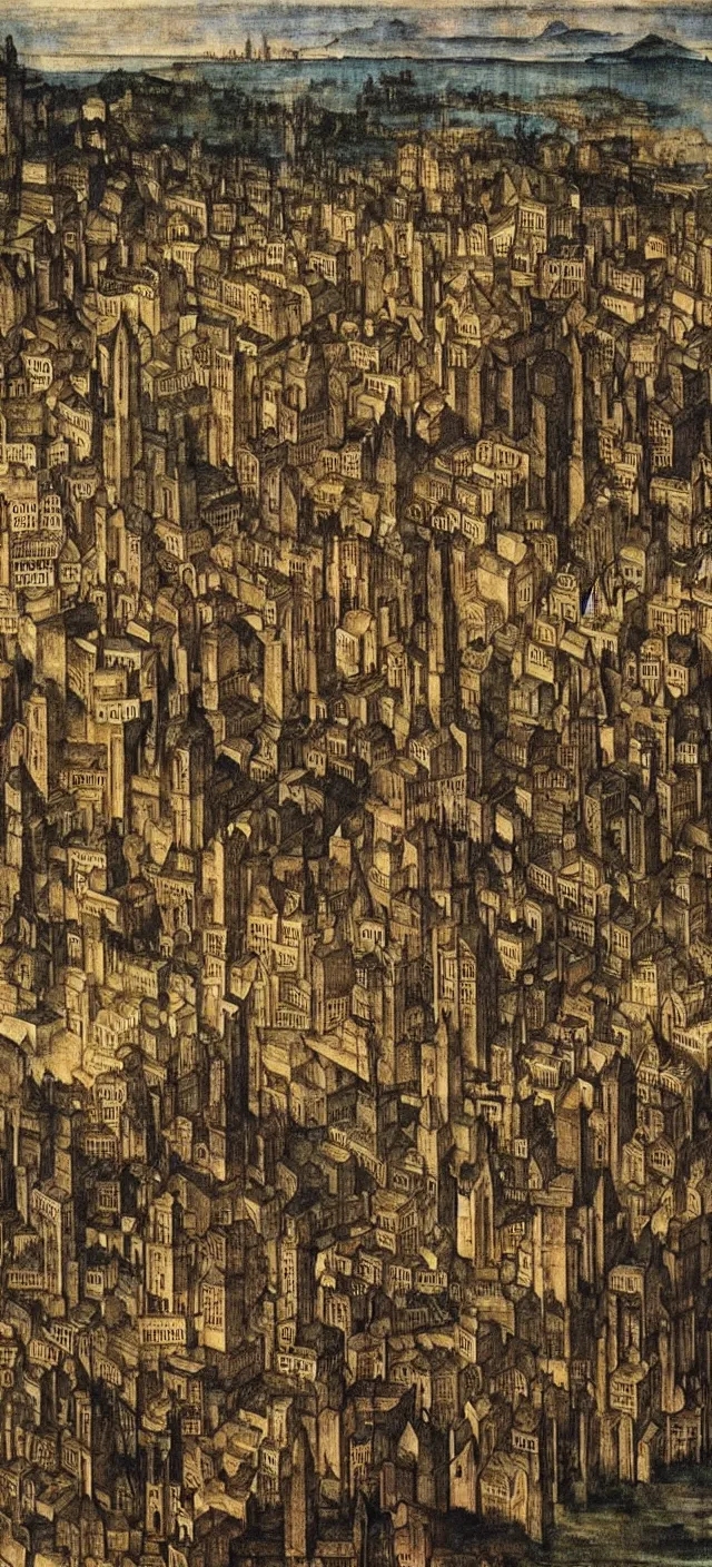 Image similar to a cityscape by albrecht durer, muted colors