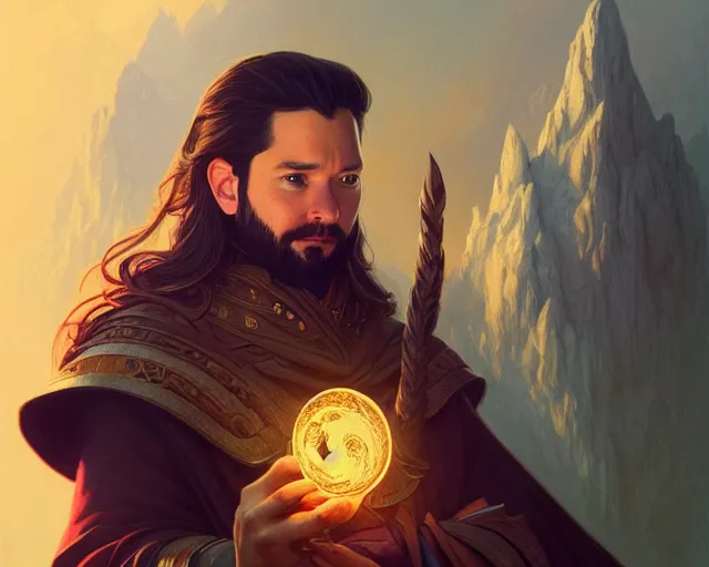 Image similar to a portrait of alexis ohanian as a wizard, deep focus, d & d, fantasy, intricate, elegant, highly detailed, digital painting, artstation, concept art, matte, sharp, illustration, hearthstone, art by artgerm and greg rutkowski and alphonse mucha