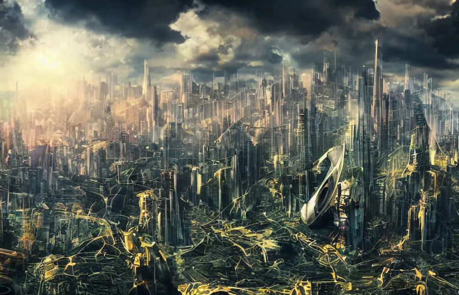 Image similar to vista of futuristic city, harmony of technology and nature, dramatic afternoon sky