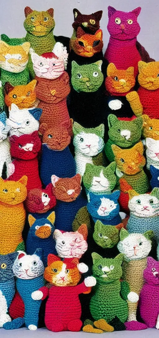 Prompt: multicolored crocheted cats, 1 9 9 0 s catalogue photo,