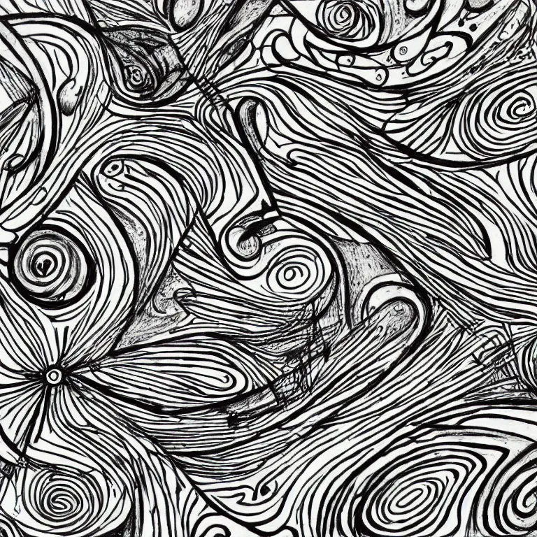 Image similar to a black and white drawing of many different things, an abstract drawing by nathaniel pousette - dart, featured on deviantart, psychedelic art, behance hd, repeating pattern, artwork