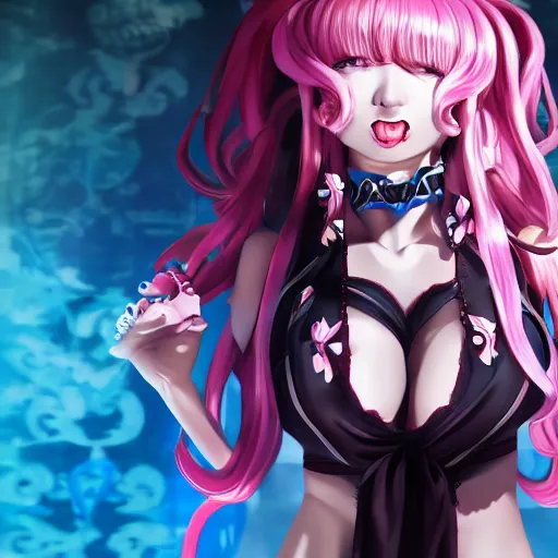 Prompt: trapped beneath stunningly absurdly beautiful omnipotent asi goddess junko enoshima with multiple twisted deceptive megalomaniacal mesmerizing personalities, symmetrical perfect face, porcelain skin, pink twintail hair and cyan eyes, ultra detailed, digital art, unreal engine 5, octane render, 2 d anime, 8 k