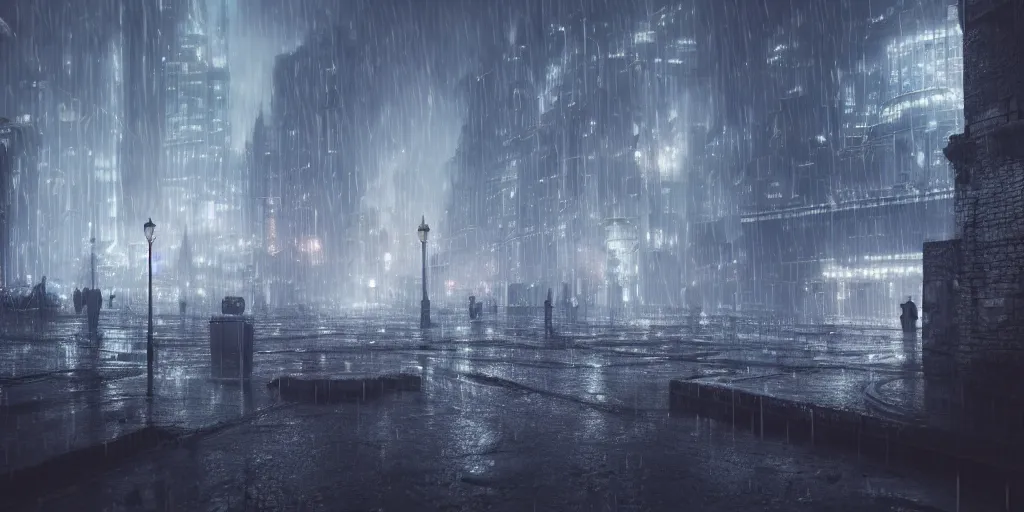 Image similar to a cold and melancholic city in a dark cavern, rainy and gloomy atmosphere, viewed from afar, fantasy digital art, octane render, beautiful composition, trending on artstation, award - winning photograph, masterpiece