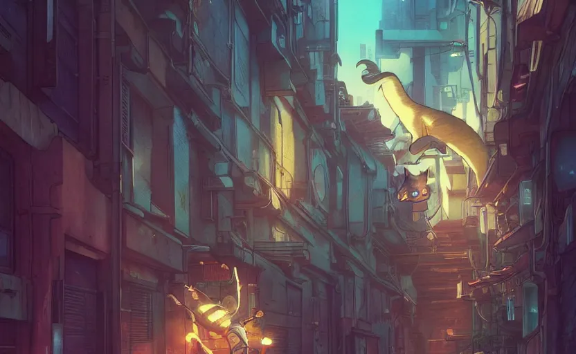 Image similar to low angle shot of a cat stretching in an alleyway in a space opera cyberpunk studio ghibli animated film, volumetric lighting, octane render by anime, stanley artgerm lau, greg rutkowski, thomas kindkade, alphonse mucha, loish, norman rockwel, highly detailed