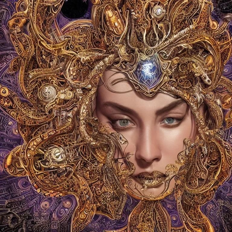 Image similar to octane render portrait by wayne barlow and carlo crivelli and glenn fabry, a high - end chrome android with intricate gold and silver detailing in the style of henna face tattoos, inside a complex mandala pattern made out of colorful flames, volumetric lighting and light rays, cinema 4 d, ray traced lighting, very short depth of field, bokeh