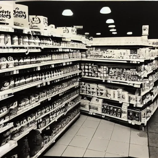 Prompt: low - angle go - pro view, very low - angle, ant's!!! eye!!! view!! photo of a groceries store, polaroid photo, by andy warhol