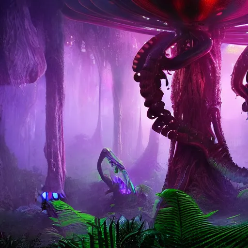 Prompt: Highly detail wide angle photo, of Aliens with psychedelic mushrooms, Dark Neon colored Rainforest, by Salvator Daly, octane render trending on Artstation 8k