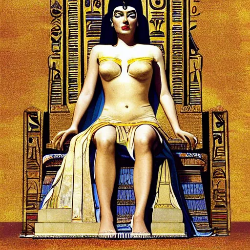 Prompt: Cleopatra sitting on her throne Egyptian architecture Monica Bellucci painted by Alberto Vargas