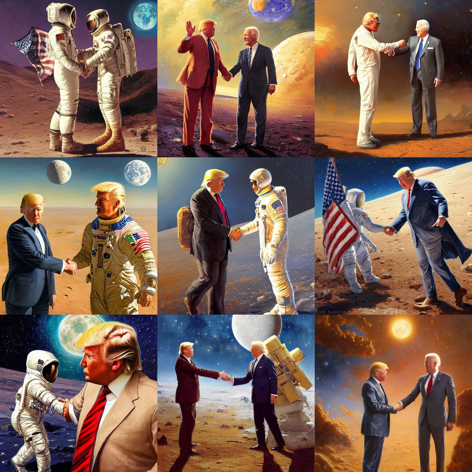 Prompt: hyperrealistic cinematic portrait donald trump shaking hands with hyperrealistic cinematic portrait joe biden on the moon, highly detailed painting by gaston bussiere, craig mullins, j. c. leyendecker 8 k