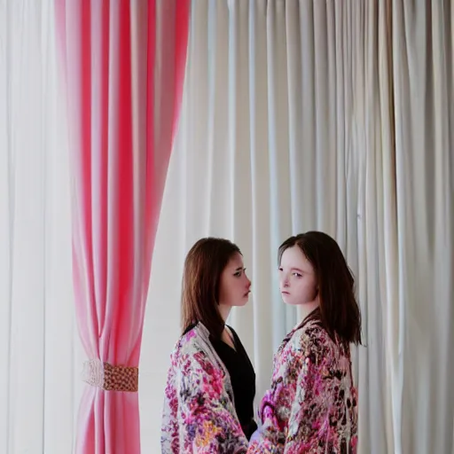 Prompt: over the shoulder photography of two females in open kimonos models behind white curtains in old victorian room, dramatic light, cinestill, flying black marble balls, filmstill, bokeh, long exposure, god rays, magic hour, pink light, warm colors