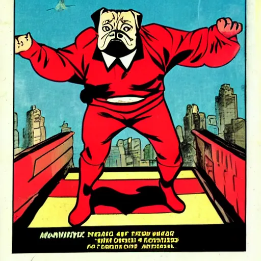 Image similar to pug man comic book hero, communist, comic
