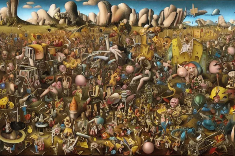 Image similar to a strange battle in an old hospital between old people and babies Robert Williams Yves Tanguy Mark Ryden and Alex Gross, Todd Schorr highly detailed balanced composition golden ratio masterpiece