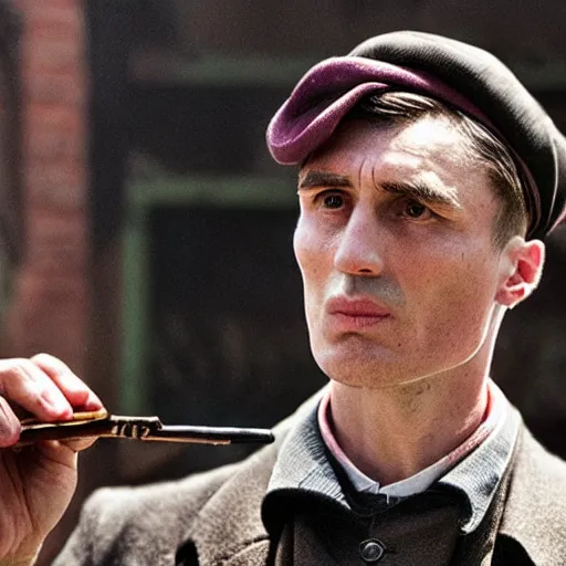 Image similar to a realistic photograph of thomas shelby from the peaky blinders smoking a pink cigar