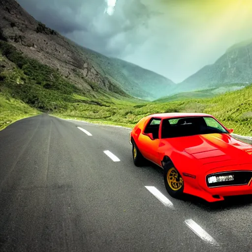 Prompt: black pontiac firebird trans - am driving towards the camera, mountain, valley, breathtaking mountains, lake, dynamic, sunrise, cinematic, motionblur, sunbeams, volumetric lighting, wide shot, low angle, large lightning storm