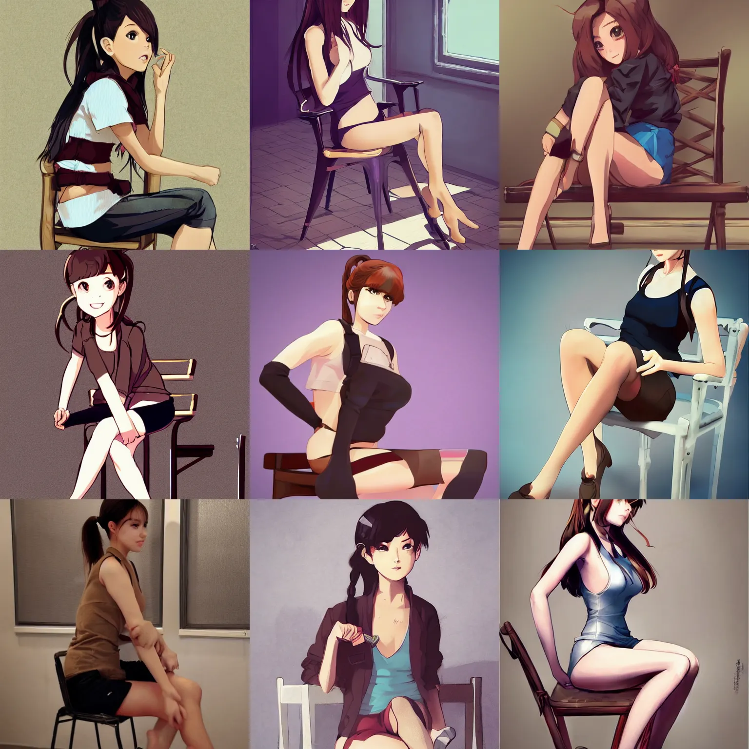 Prompt: sexy girl wearing shorts, brown hair in a ponytail, sitting on a chair, in the style of ross tran and ilya kuvshinov