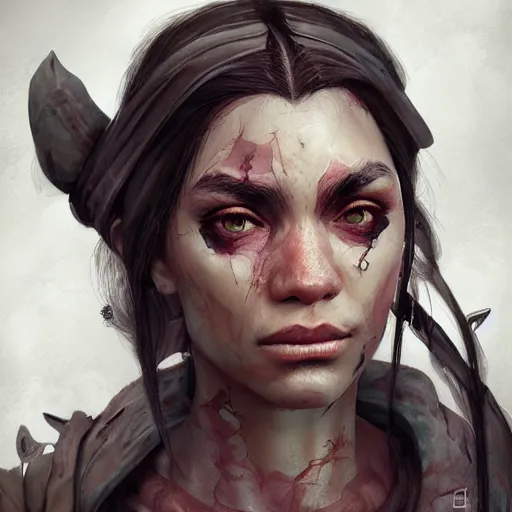 Image similar to beautiful, very strong, mixed race, female, middle aged, face, no makeup, scarred, head shot, fantasy, highly detailed, digital painting, artstation, concept art, smooth, sharp focus, illustration, art by jodie muir and brom