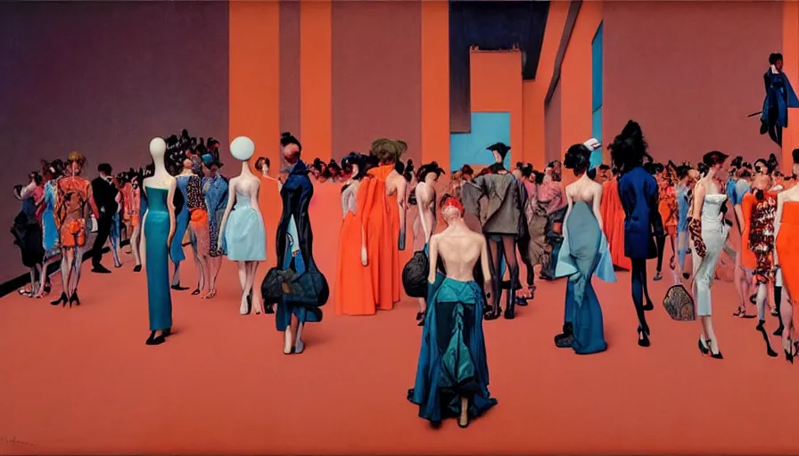 Prompt: dior runway show by francis bacon, surreal, norman rockwell and james jean, greg hildebrandt, and mark brooks, triadic color scheme, by greg rutkowski, syd mead and edward hopper and norman rockwell and beksinski, lingerie, dark surrealism, orange and turquoise