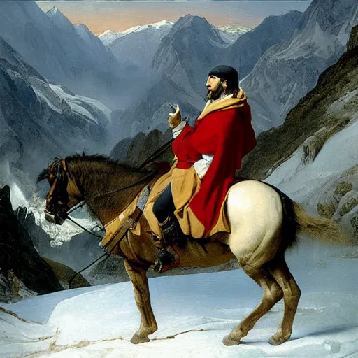 Prompt: steve jobs crossing the alps painting by jacques louis david.