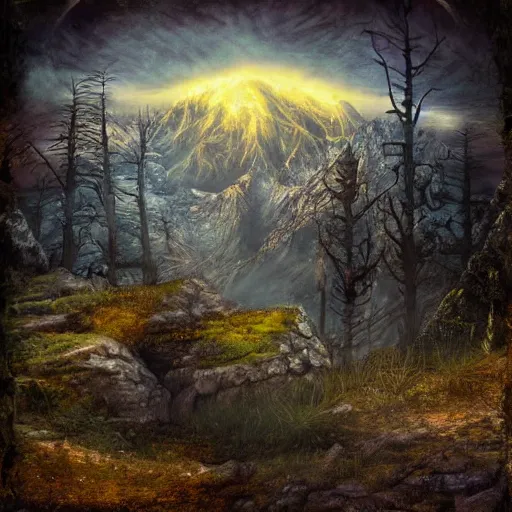 Image similar to steampunk ent from lord of the rings, realistic, pastel, high detail, dark, natural mountainous background with setting sun, smoke in sky