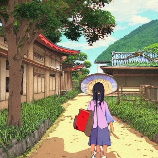 Prompt: an anime painting of a girl waking in a Japanese village, short buildings and paddy fields, by Studio Ghibli, trending on artstation