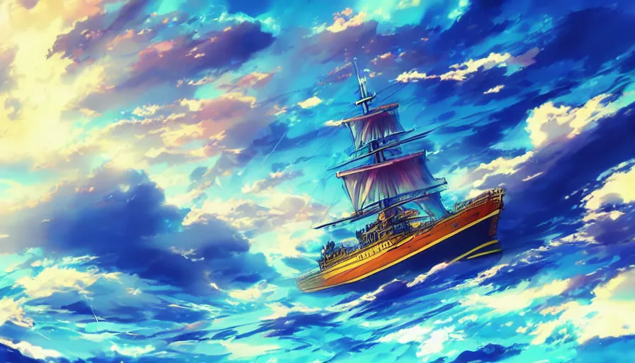 Image similar to one piece ship sailing, dynamic blue sky, storm sky, sun sunset, with blue light piercing through clouds, makoto shinkai, royal blue colors, lighting refraction, volumetric lighting, pixiv art, highly detailed, anime art, symmetrical, wlop, anime art