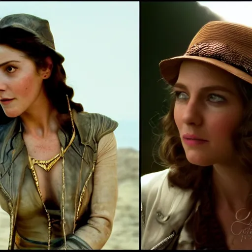 Image similar to a beautiful portrait from the film indiana jones and the fate of atlantis, of sophia hapgood in a leather jacket wearing the nur ab sal necklace, dslr hyper focused