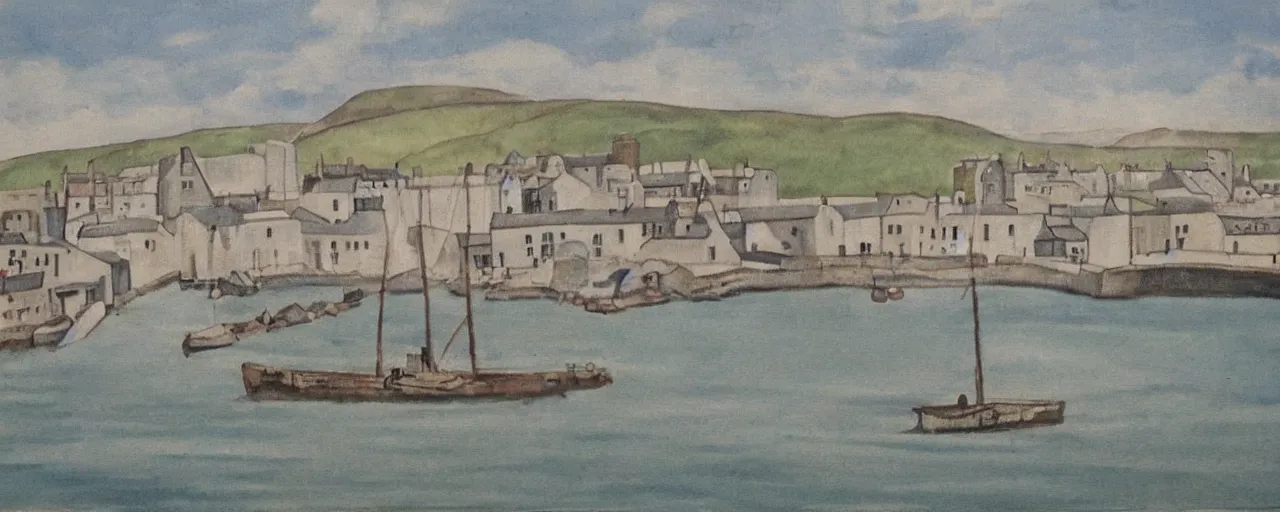 Prompt: a painting of the harbour at Stromness orkney, cave painting, lascaux