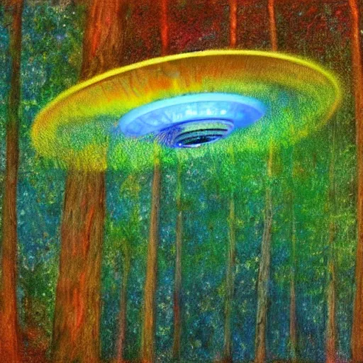 Prompt: a massive ufo spaceship flying above a forest, impressionist painting