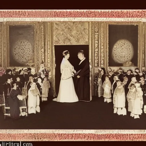 Prompt: a wide full shot, colored russian and japanese mix historical fantasy of a photograph taken of the royal empress and emperor exchanging vows, photographic portrait, warm lighting, 1 9 0 7 photo from the official wedding photographer for the royal wedding.