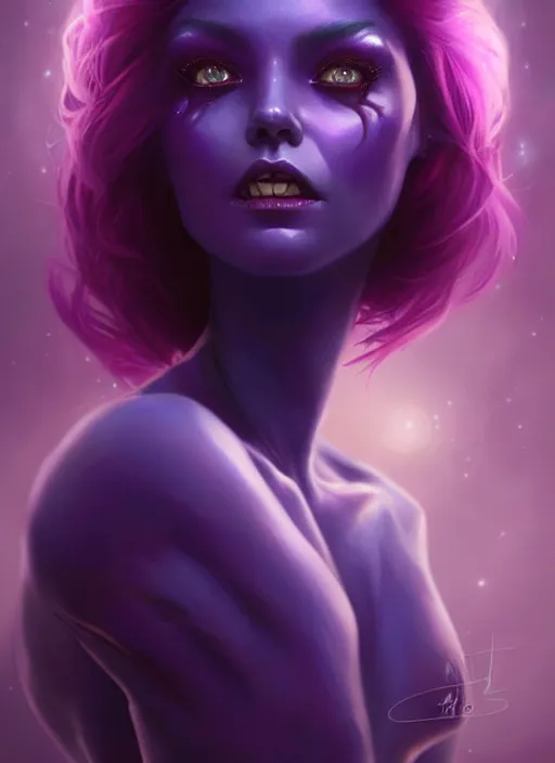 Image similar to a beautiful alien woman with purple skin, painted by artgerm and tom bagshaw, fantasy art, dramatic lighting, highly detailed oil painting