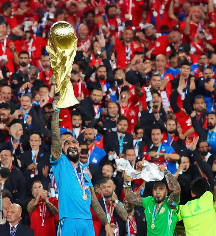 Image similar to arturo vidal lifting the fifa world cup with chilean soccer team in anfield stadium, galactic background